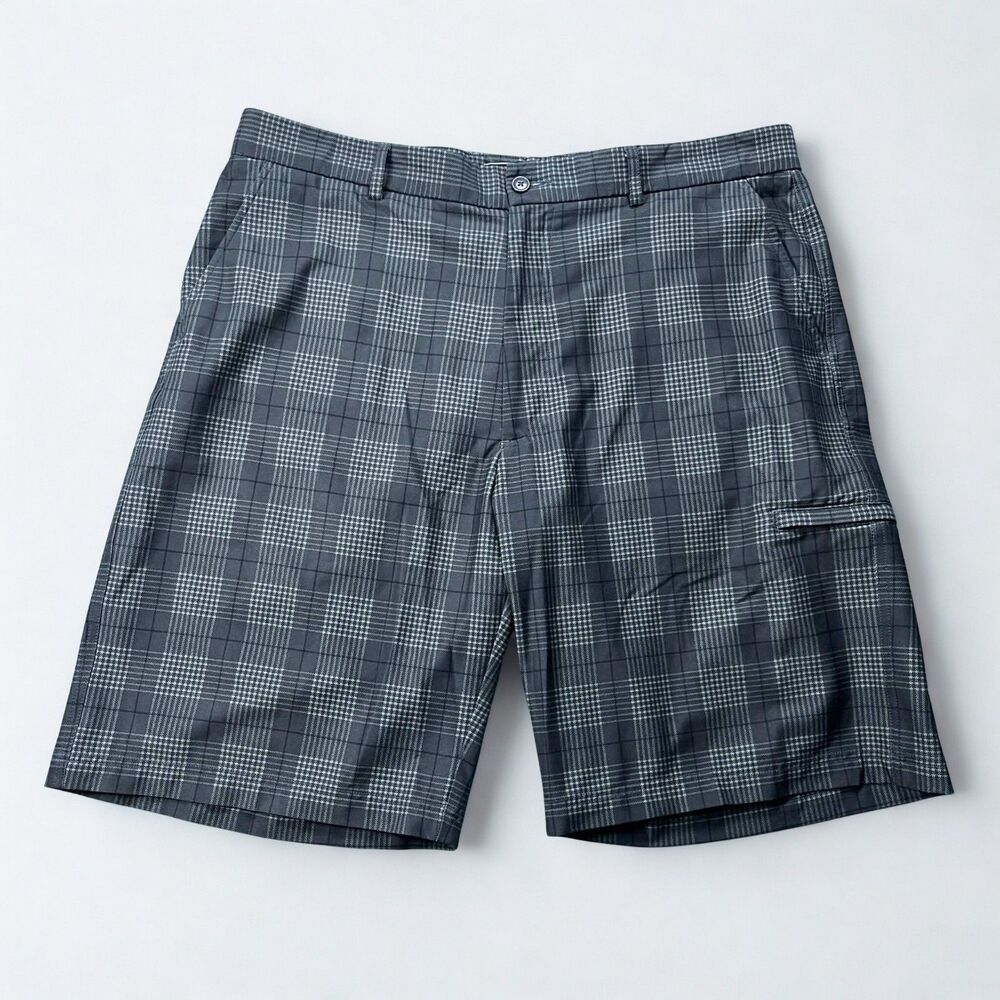 Pebble Beach Shorts Mens Sz 38 Grey Plaid Performance Flat Front 10" Golf Chinos